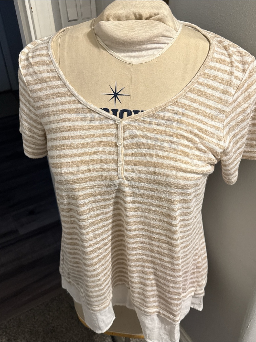 bobeau Beige and White Striped Short-Sleeve Henley Tee
